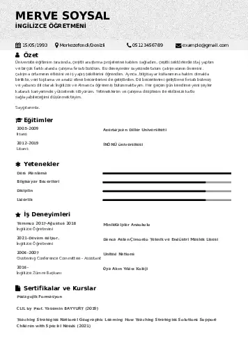 Yabancı Dil Öğretmeni Cv Örnekleri cv indir